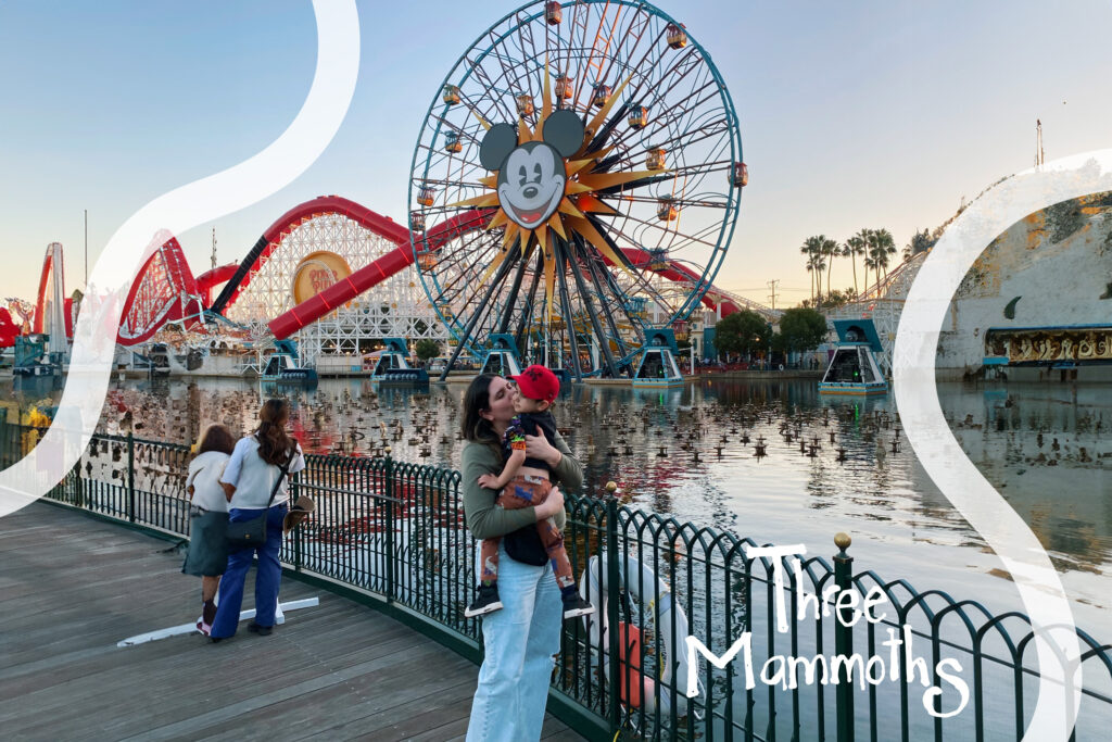 Mother and son enjoying a day at California Adventure with Mickey’s Fun Wheel in the background, creating magical memories together.